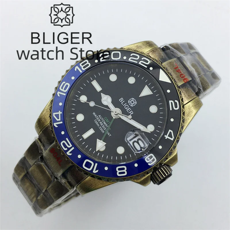 BLIGER NH34A GMT Function Classic 40mm Men\'s Automatic Cusn8 Solid Bronze Watch Black Dial Sapphire Glass Bronze Bracelet