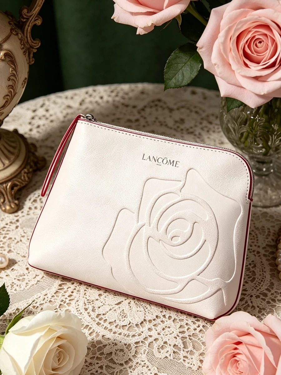 Lancome Tonal Embossed Floral Cosmetic Toiletry Pouch Full Top Zipper Large Capacity Inner Skincare Storage Handheld Organizer