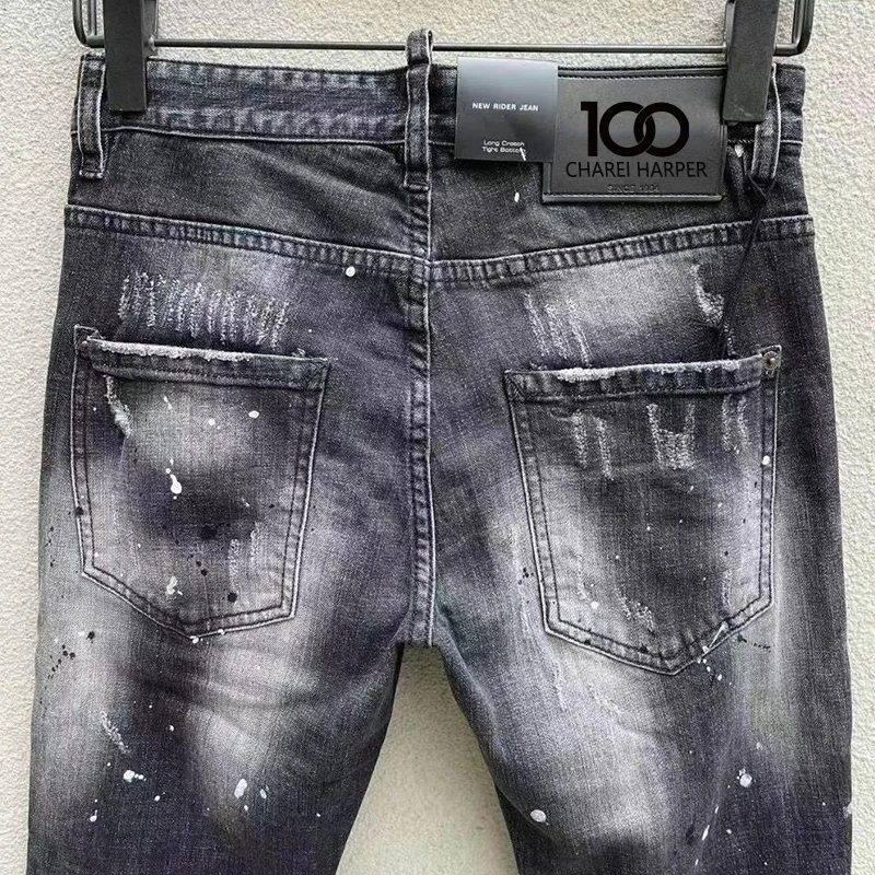 100 chareiharper 089 Men's skinny Skinny jeans Ripped Fabric Non-stretch Paint Splash vintage blue jeans