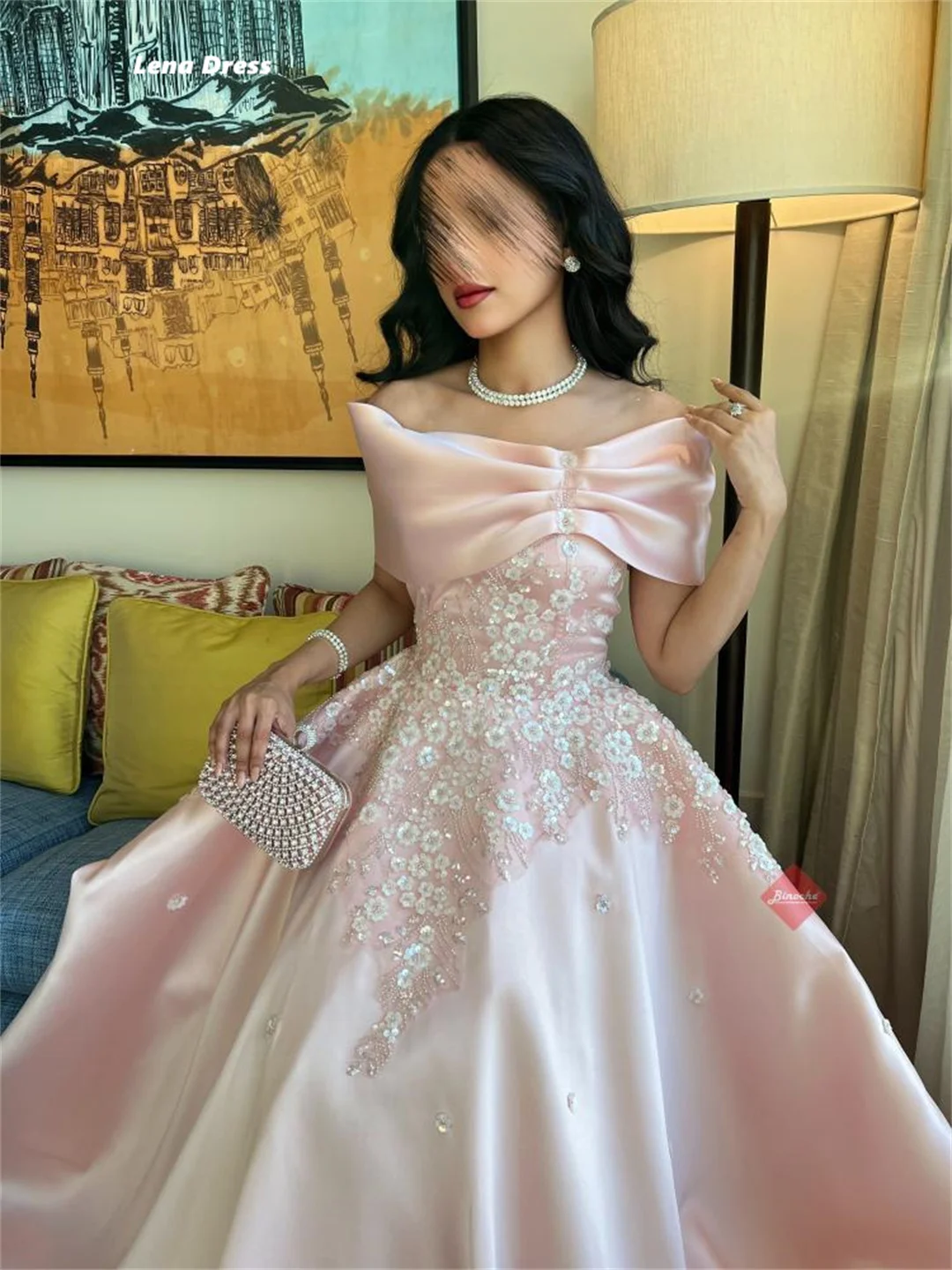 Lena Evening Dresses Pink Wedding Party Dress Satin Custom Made Flower Beading Bow Tie Elegant Woman Prom Women Special Occasion image 4