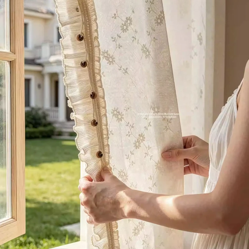 Custom Size Light‑transmitting Privacy Curtains Embroidered Linen Country Pastoral Style for Living Room Balcony Bedroom tulle