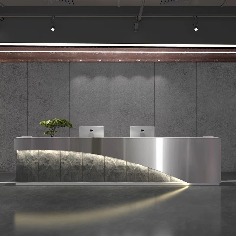 

Design Luxury Reception Desks Beauty Unique Executive Hotel Reception Desks Curved Stainless Steel Mostrador Lounge Furniture