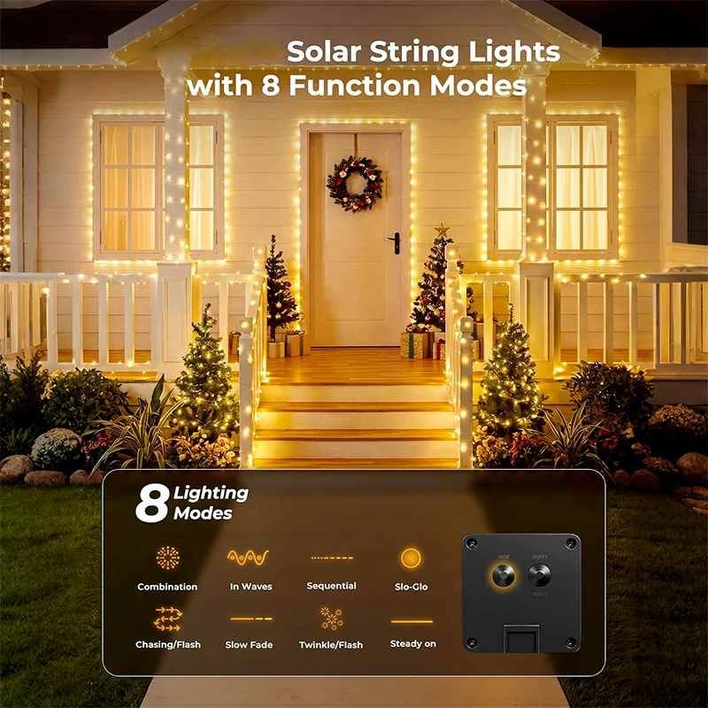 Solar String Lights Outdoor 300LED Wire Fairy Lights 8 Modes Waterproof Twinkle Garland for Garden Patio Party Christmas Decor