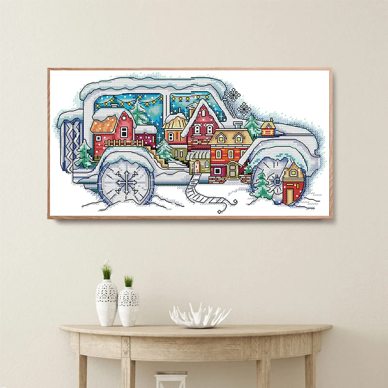 Joy Sunday Car Christmas House DIY Handmade Cross Stitch Kit Aida 14/16/11CT White Counted Canvas Printed Fabric Embroidery Set