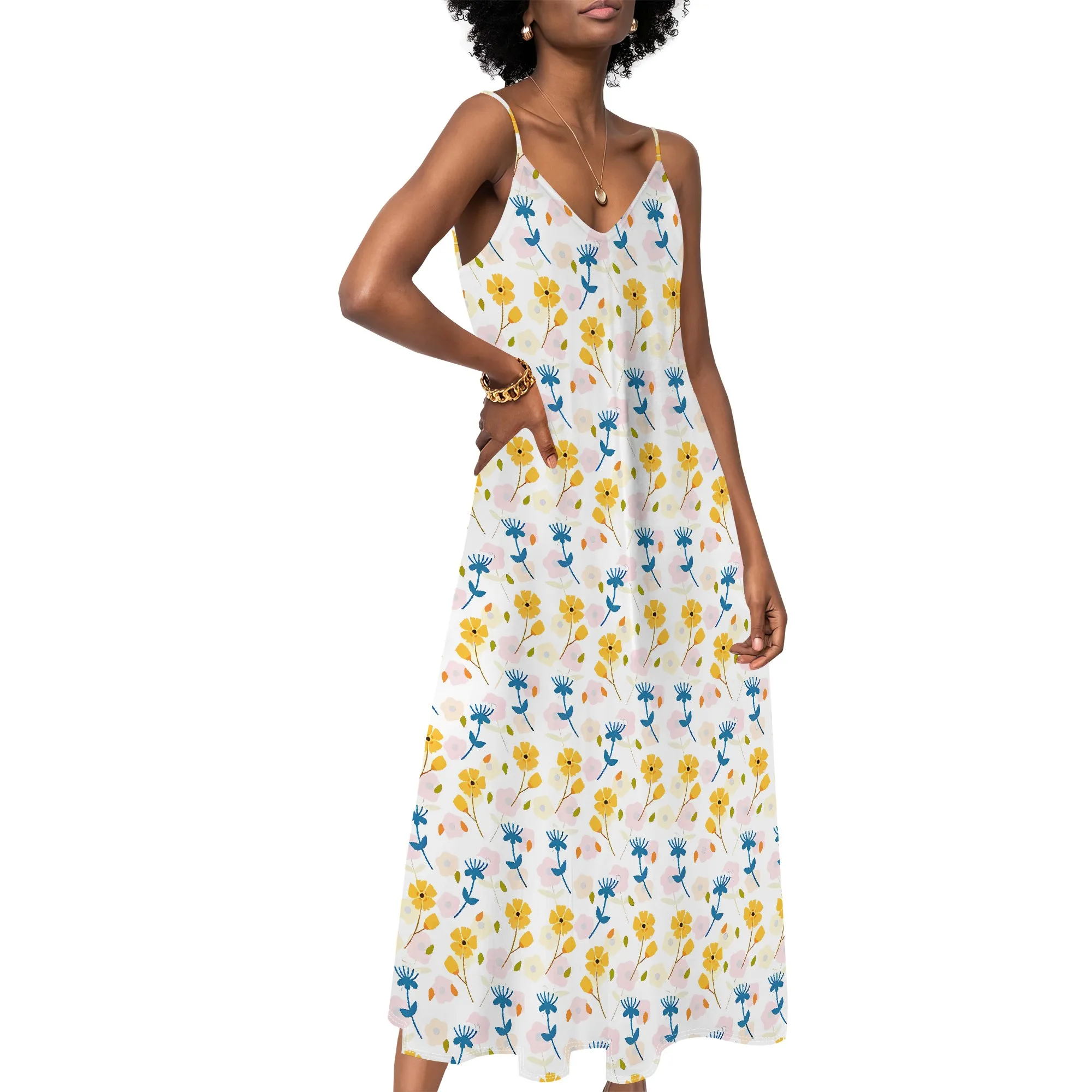 

Women's clothing 2025 spring/summer new item custom casual beach loose print polka dot floral fashion V-neck long skirt