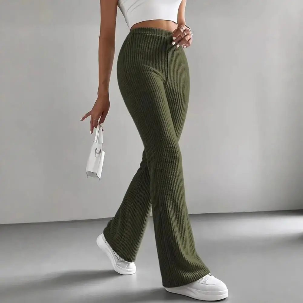 

Женские брюки с высокой талией, повседневные брюки-клеш, однотонные трикотажные брюки в рубчик, модные и универсальные облегающие брюки 80%