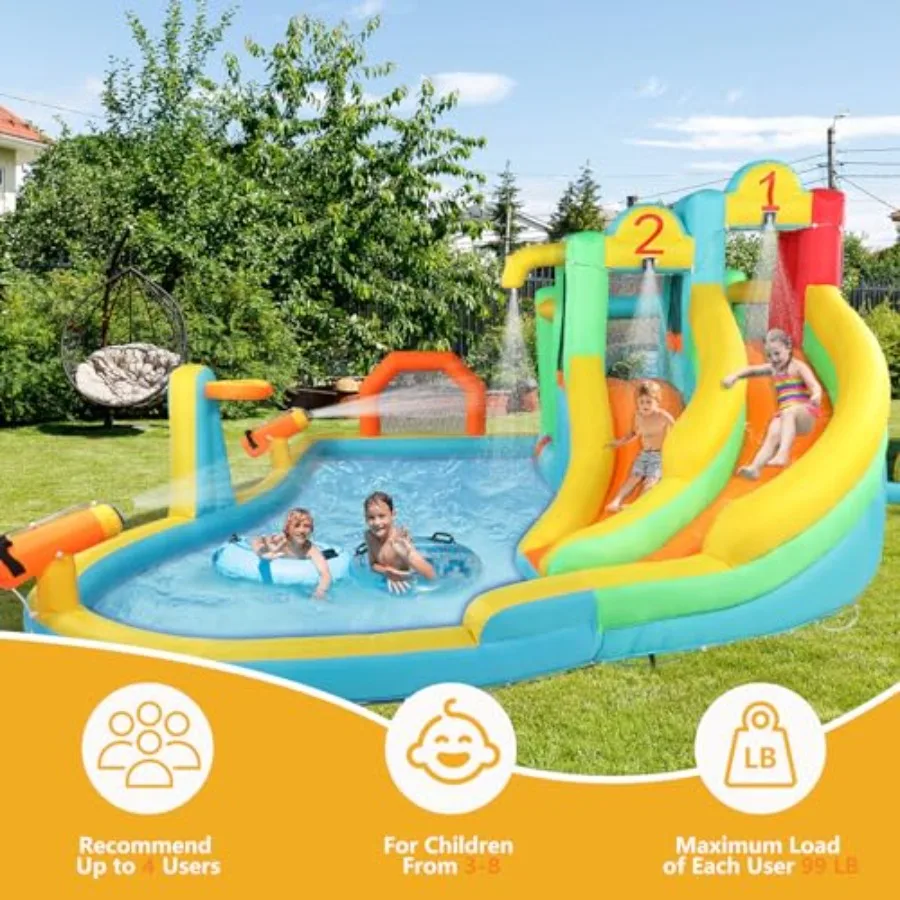 Opblaasbaar springhuis, springende buitenluchtkasteel uitsmijter dubbele waterglijbaan met 750W luchtblazer (250" x 157,5" x 90,6" H