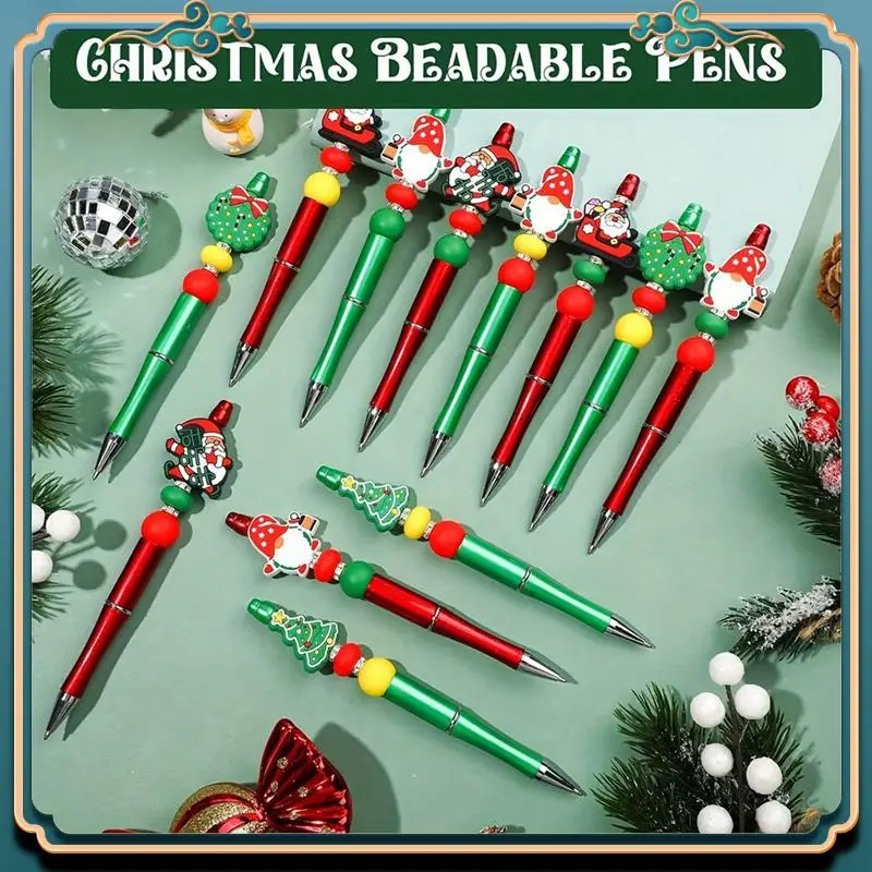 (신규)-크리스마스 구슬 펜, 크리스마스 학교 사무용품을 위한 12개 산타 모양 실리콘 스페이서가 있는 구슬 펜