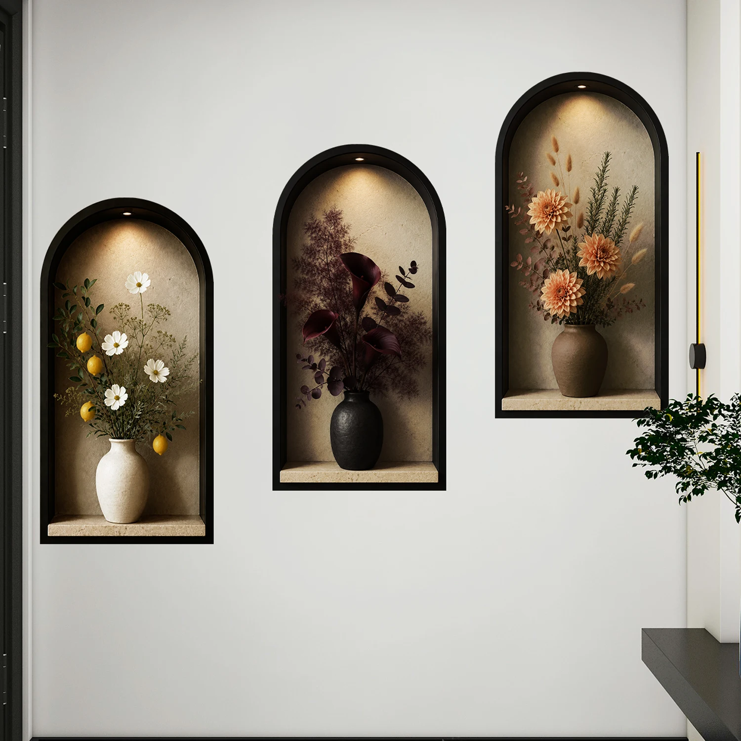 3pcs/set Simulated Archway Niche Potted Plant Painting Bedroom Living Room Wall Stickers Peel & Stick Art Mural Wall Decals