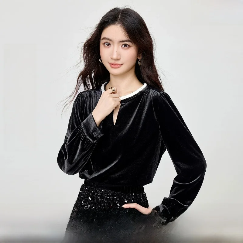 

Elegant Commuter Women's Velvet Hollow out Design round Neck Long Sleeve Fashion Top Polyester Fiber Straight Cut Daily Wear