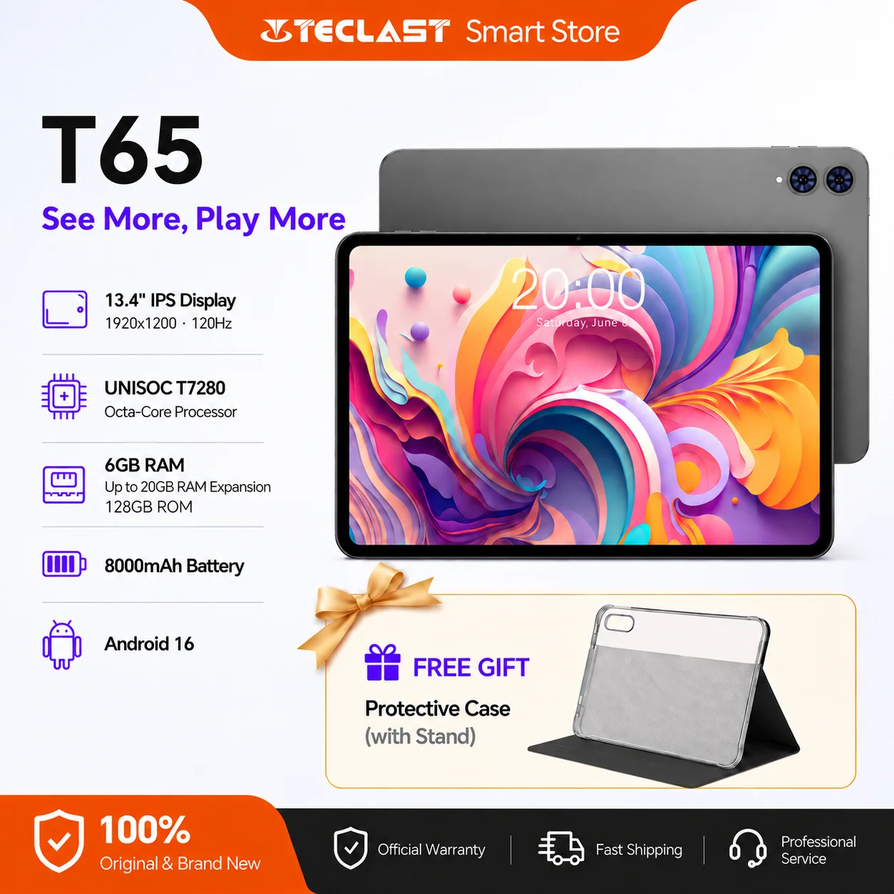 테클라스트 T65, 13.4인치 안드로이드 16 태블릿, 제미니 AI, 120Hz FHD+, 옥타 코어, 6GB+128GB, 8000mAh 배터리, 4G LTE, GPS, 와이드바인 L1, 넷플릭스 HD 지원