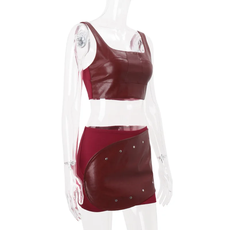 Combhasaki Vintage Faux cuir 2 pièces épices ensembles col carré sans manches haut court avec Rivet jupe crayon courte Sexy femmes costumes