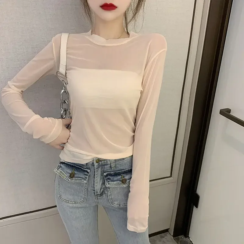 Long Sleeve T-shirts Women Spring Thin Pure All-match Fashion Simple Basic Cozy Breathable Chic New Design Smock Hot Girl Casual