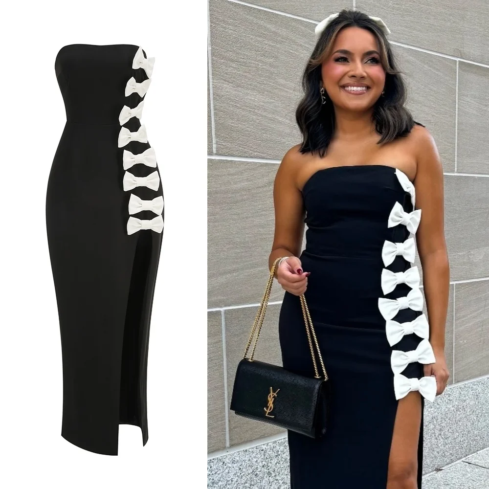 

Chic Black Strapless Evening Dresses with White Bow Detail – High Slit Luxury Party Gown for Women