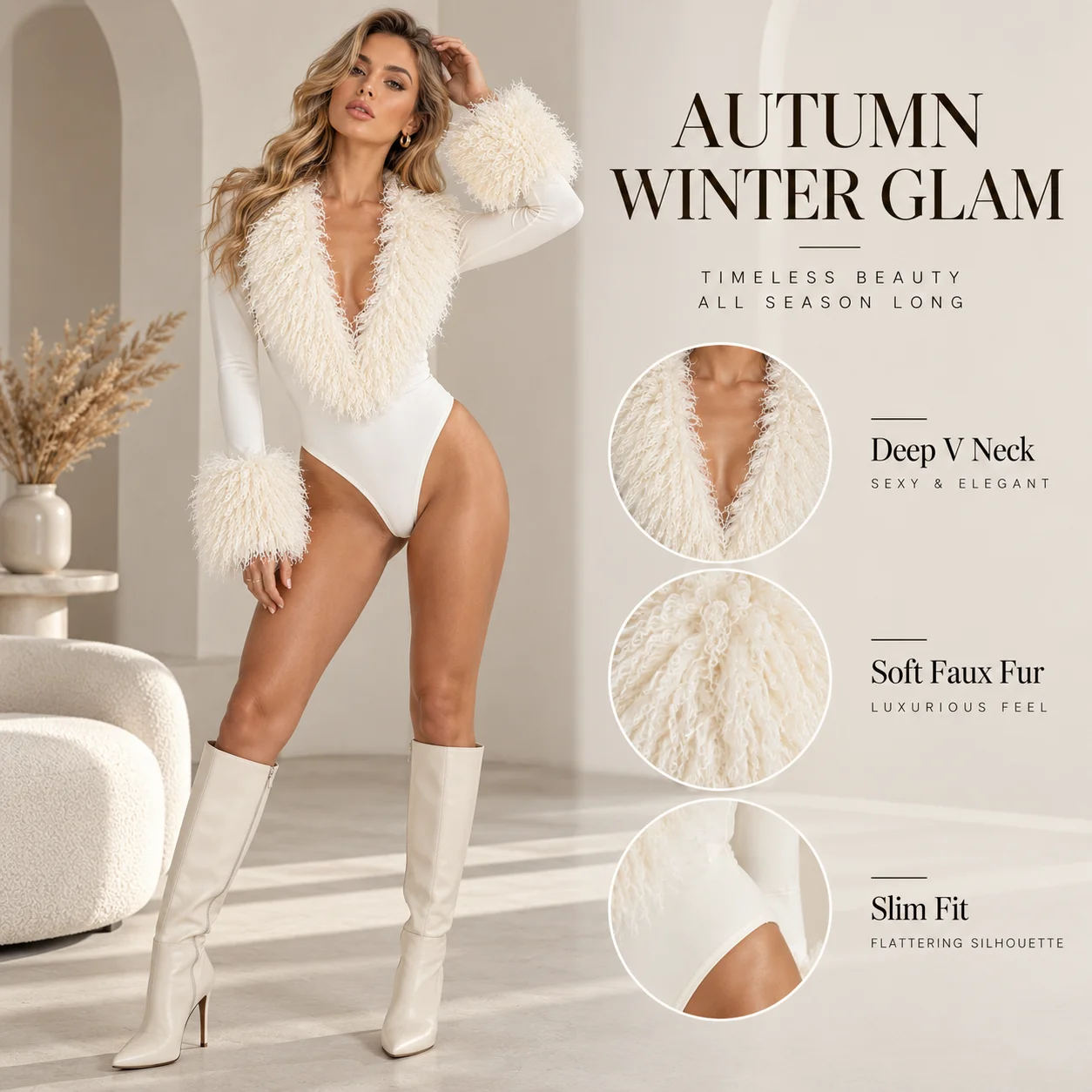 Women Faux Fur Trim Bodysuit Deep V Neck Long Sleeve Slim Fit Jumpsuit Fluffy Cuffs Sexy Party Clubwear Top