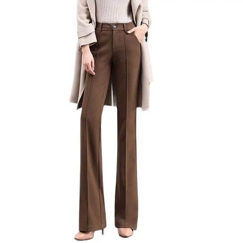 

Women Woolen Suit Flare Pants For Autumn Winter High Waist Slimming Thicken Warm Straight Flared Trousers Fashion Elastic Band