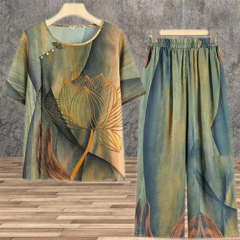 

Middle-aged Mom Large Size 6XL Suit Summer Female Fashion Ice Silk Two-piece Set Korean Ladies Short Sleeved Wide-leg Pants 2PCS