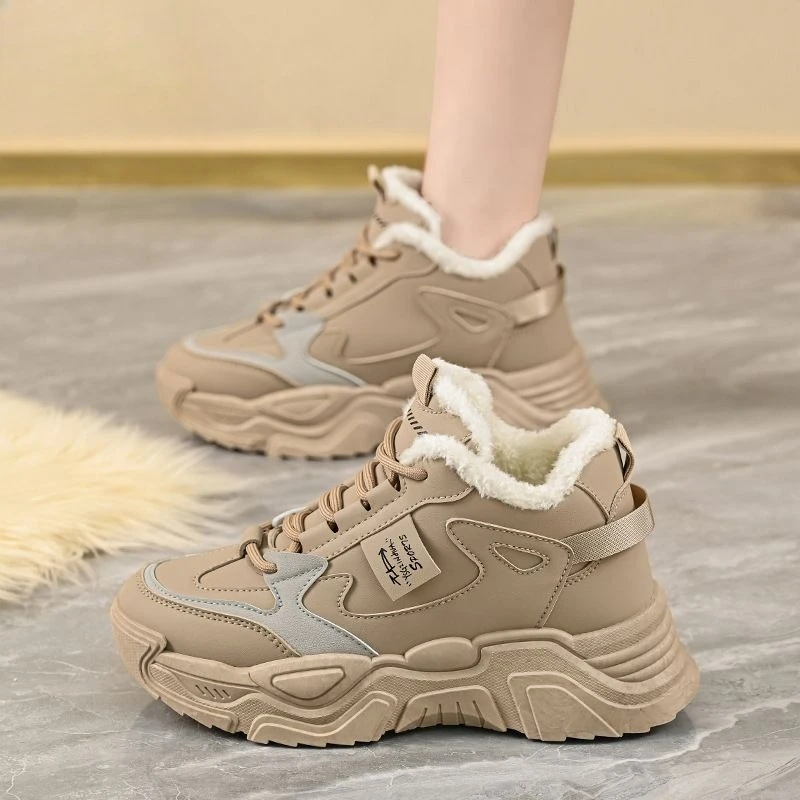 

​ 2025 зимние женские неуклюжие массивные кроссовки, высокие кеды на флисовой подкладке, теплая спортивная обувь в корейском стиле, увеличивающая рост ​ для женщин