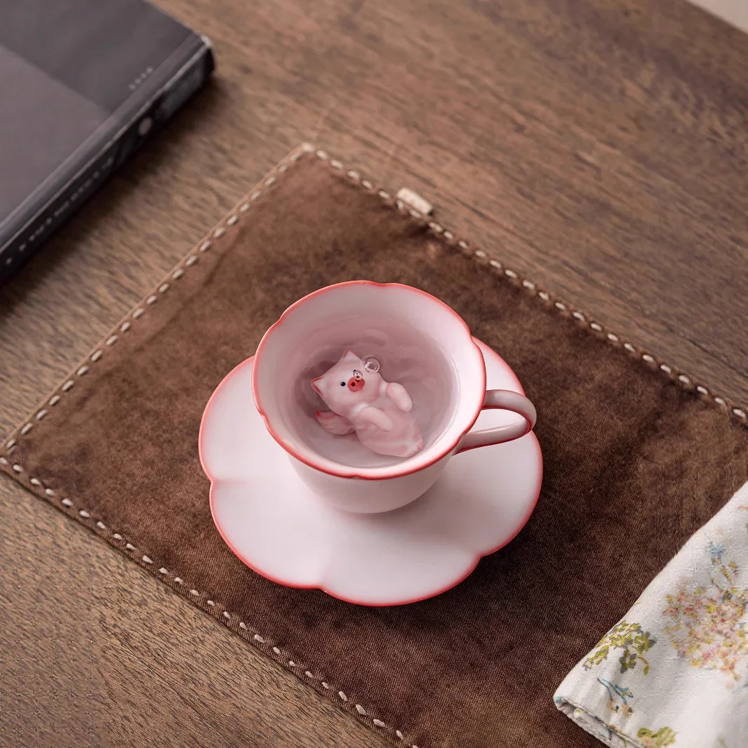 Funny Little Flying Pig Angel TeaPet Spit Bubble Water Cup Significant Powder Ru Kiln Teacup Combination Cute Ceramic Coffee Cup