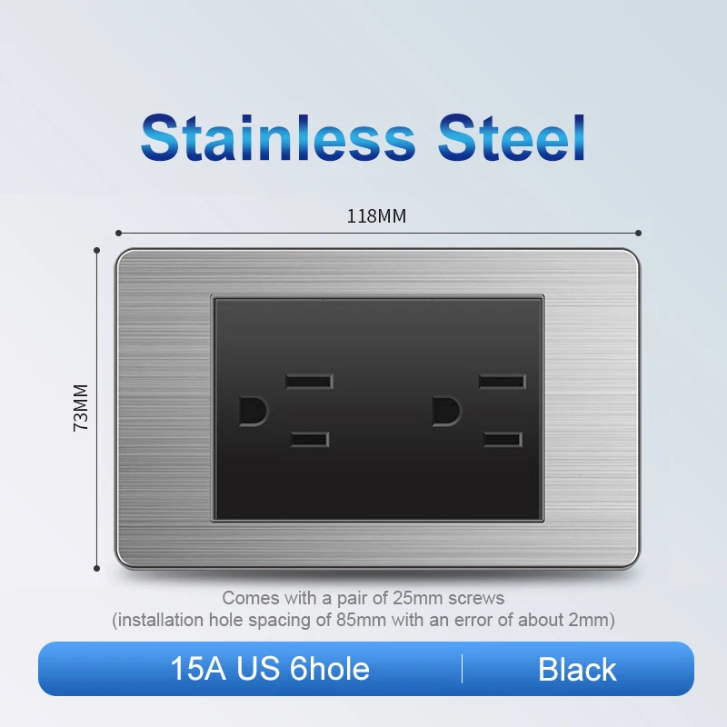 ELEGAN-US Tomada de Botão Padrão, Parede USB Tipo-C, Painel Inoxidável Preto, Tomada América, Interruptor de Luz, 1 Gang, 2 Gang, 3 Gang, 4 Gang, 5 Gang, 6Gang