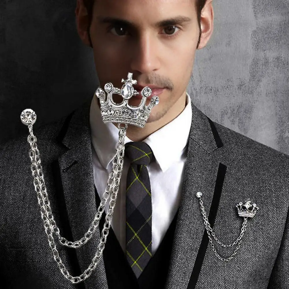 2025 handsome Men Brooch london Style Crown Shape Rhinestone Tassel Chest Decoration Collar Pin Business Clothes Jewelry