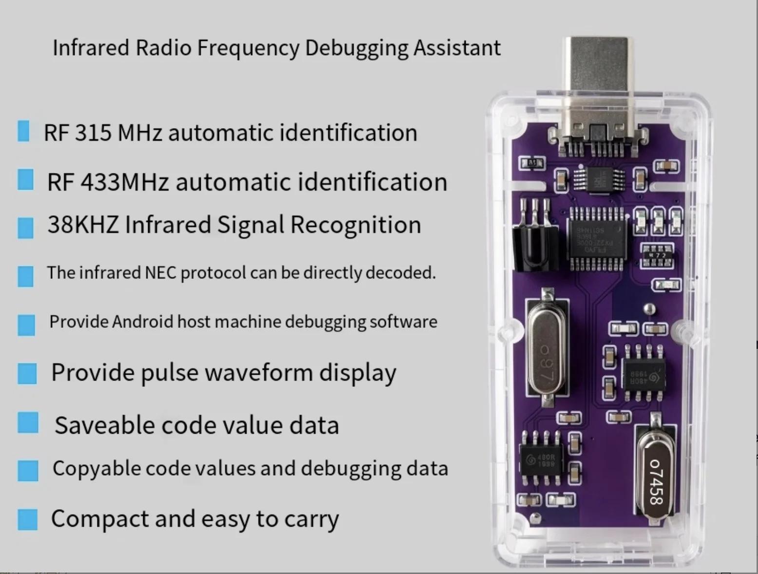 Infrared NEC RF 433/315 remote control development assistant automatically recognizes frequency key value encod pulse waveform
