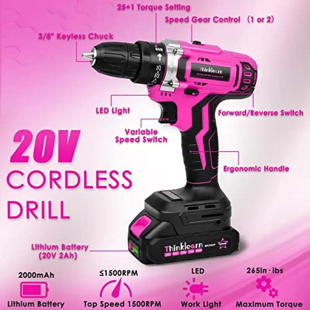 20V Cordless Drill Set with 175-Piece Tool Kit High Performance Torque of 265 Inch-Pounds Ideal Women's DIY Home Projects and