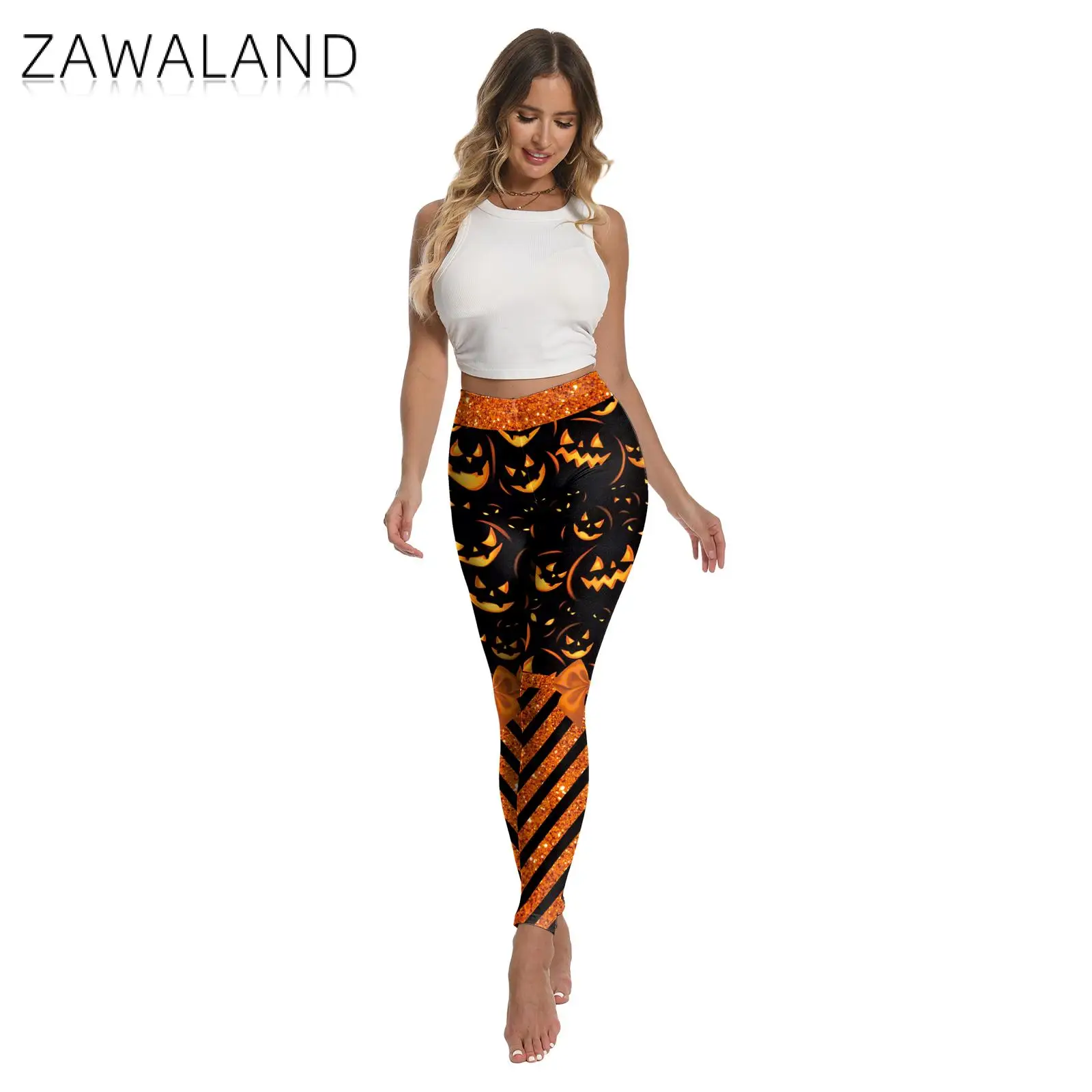 Zawaland 호박 반짝이 줄무늬 인쇄 할로윈 레깅스 여성 축제 호박 그래픽 바지 Strechy 섹시한 스타킹 파티 바지