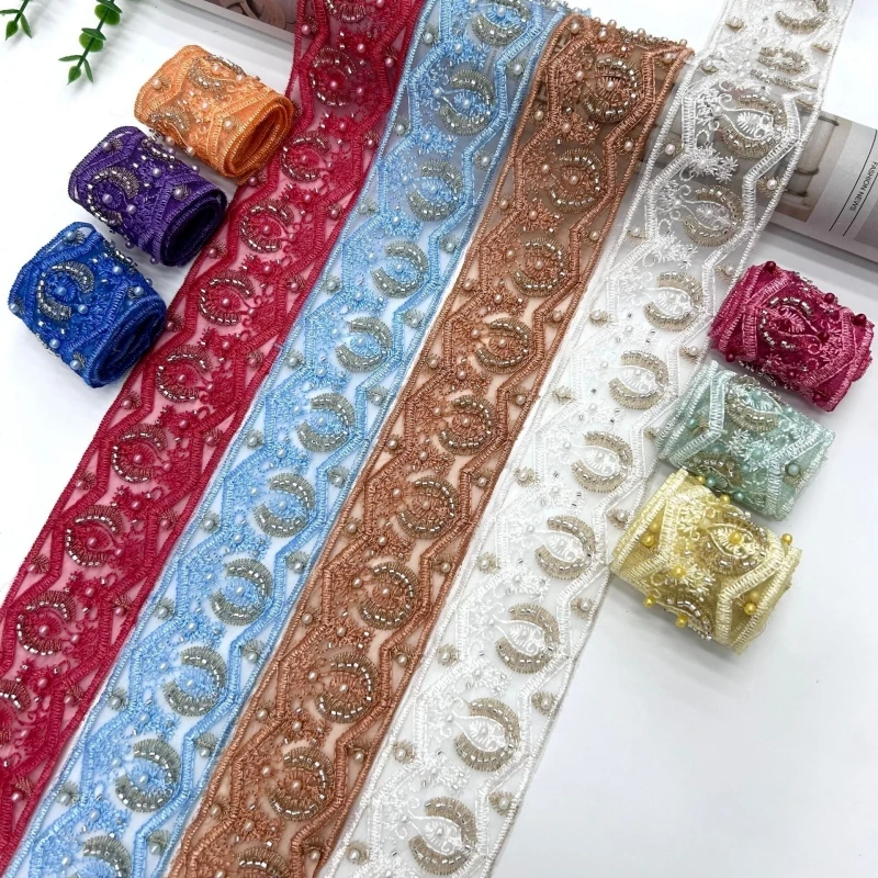 10 yards Heavy Beaded Lace Trim for Hanfu Handmade Sequin Embroidery Mesh Ribbon for Kids Clothing,DIY Craft,Sew-on Garment Trim