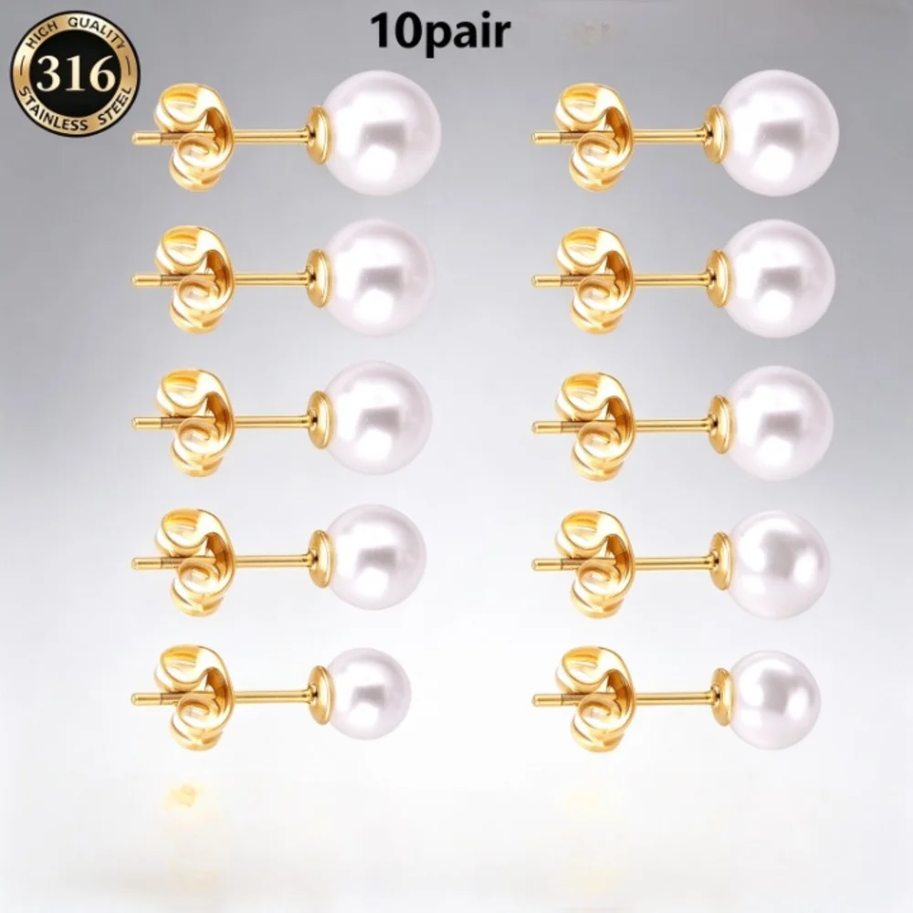 10 Paar Imitationsperlen-Ohrstecker aus 316L-Edelstahl, hypoallergen, kein Verblassen, vergoldet, versilbert, lässiger Piercing-Ohrring, Geschenk