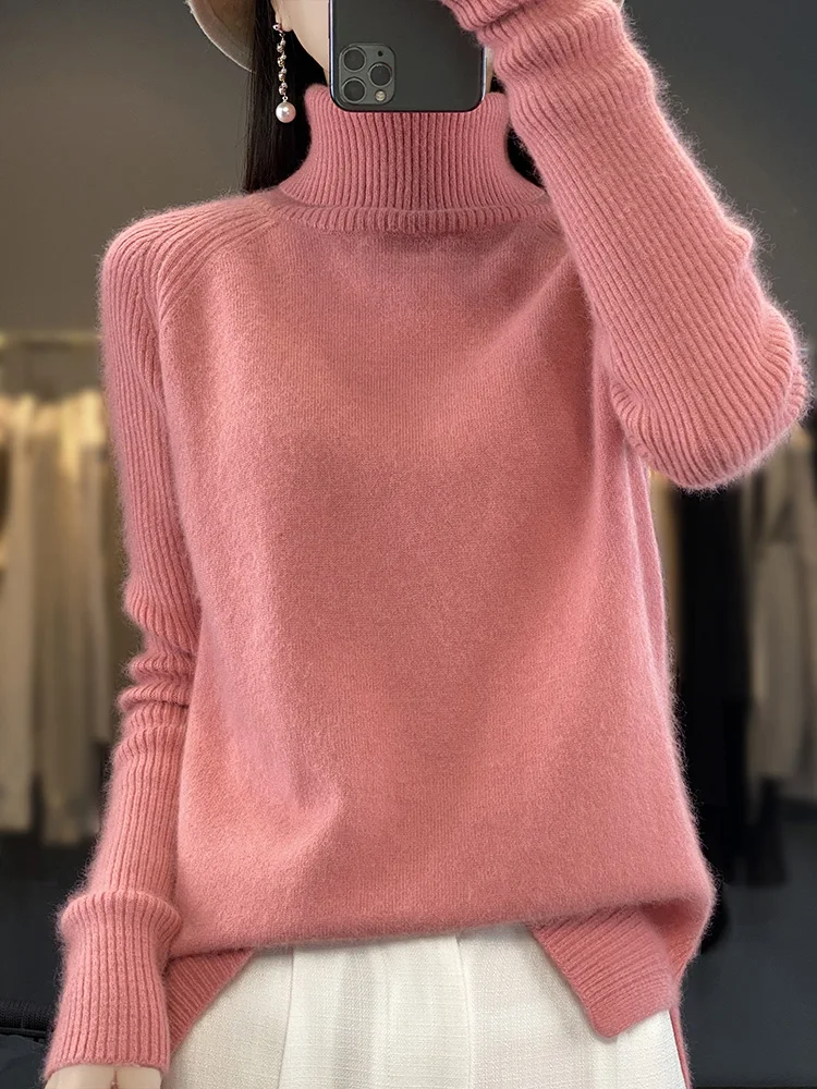 Jersey de manga larga con cuello alto para mujer, ropa básica para primavera y otoño, 100% de punto de Cachemira de visón, Tops suaves y cálidos