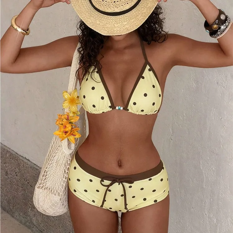 2026 New European and American Export Polka Dot Bikini Bottom with Drawstring High Waist, Separated Swimsuit for Beach Vacation