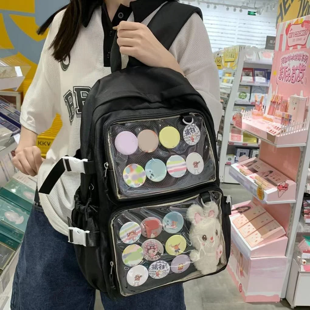Clear Windows Fashion Women Backpacks for Women Teens DIY Badge JK Pin Display Backpack Solid Multi Pockets Ita Bags