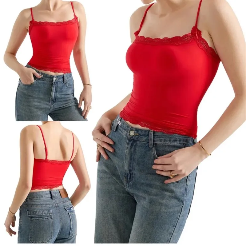 Women's Slim Fit Spaghetti Strap Lace Trim Cami Tops Square Neck Open Back Crop Tanks Summer Fashion Solid Color Hotsweet Vest