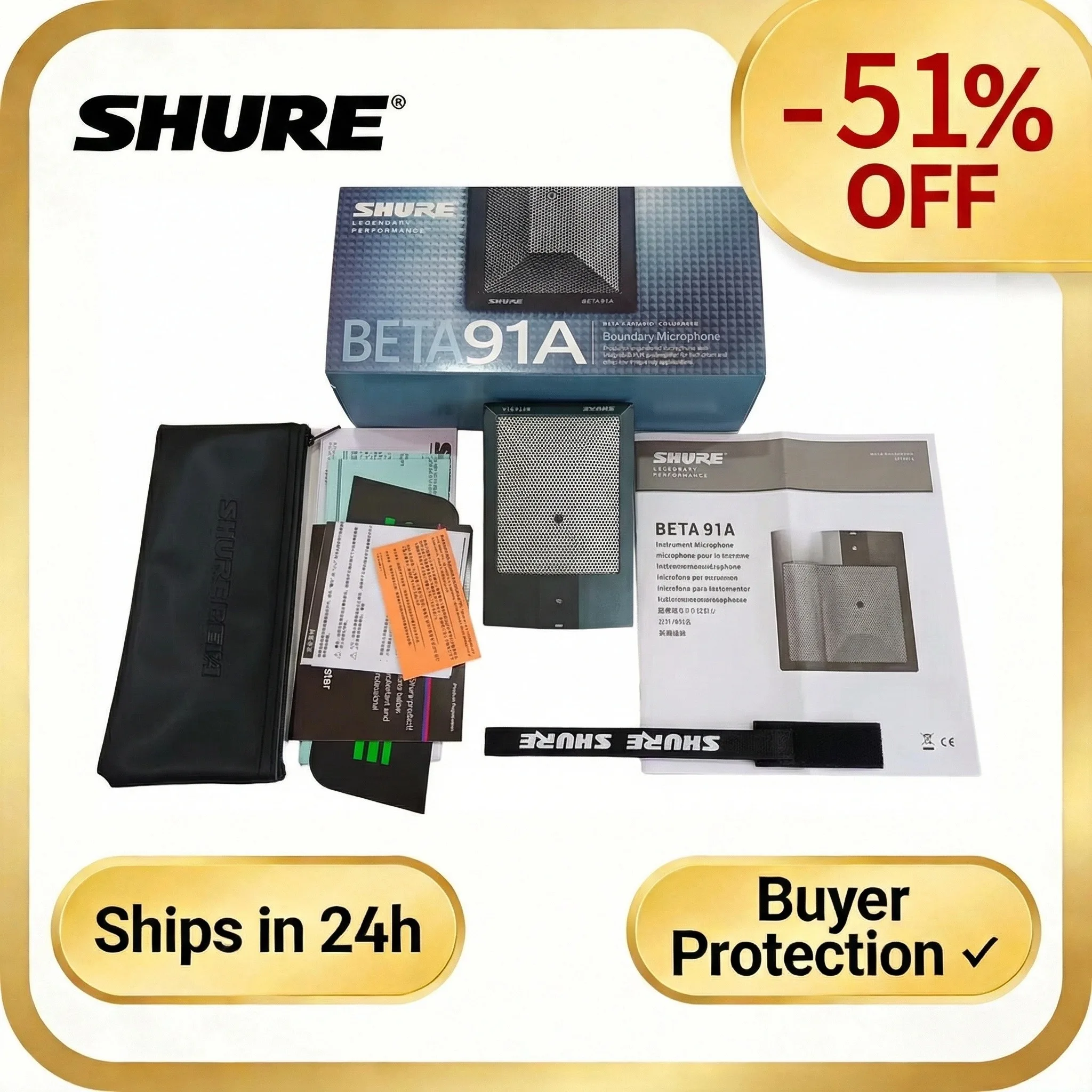Microfone Condensador Shure Beta 91A Original para Instrumentos de Bateria e Gravação de Áudio Profissional