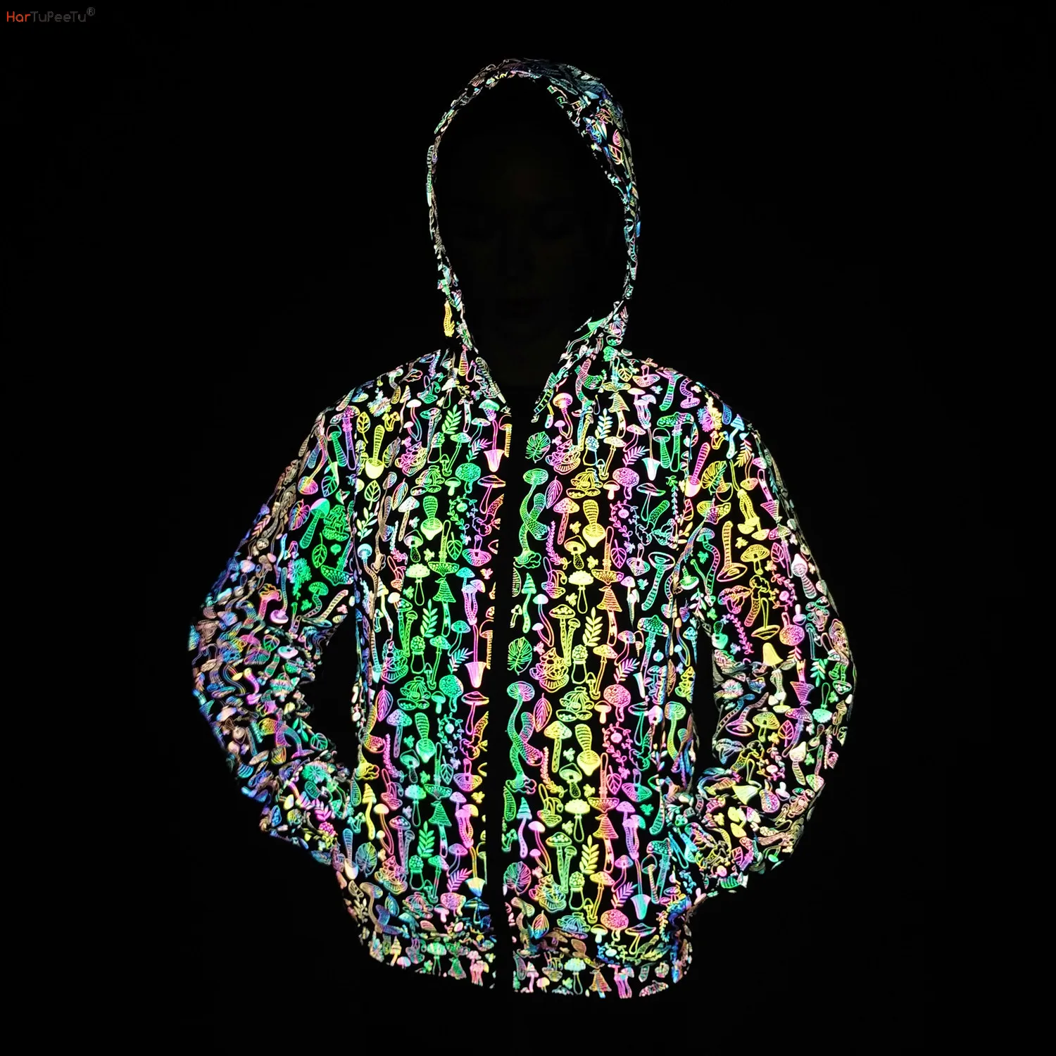 

2023 New Reflective Rainbow Jacket Men Colourful Mushroom Hooded Coat Jogger Slim Fit Spring Autumn Teenager Safe Outwear