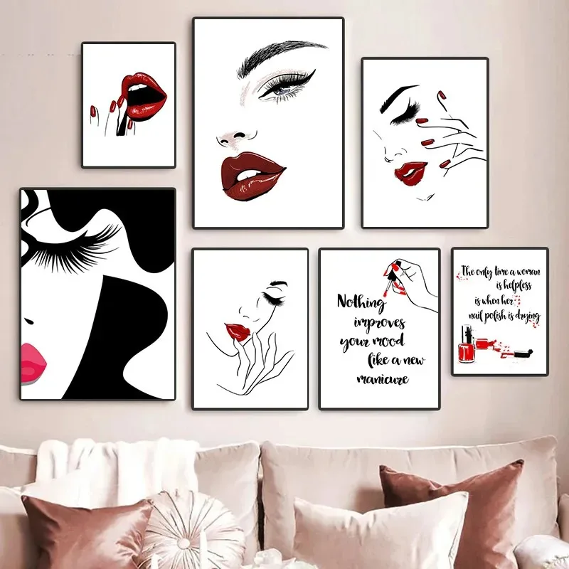 Maquillaje de moda, lápiz labial, máscara, esmalte de uñas, pintura en lienzo, póster de salón de belleza, pestañas, labios rojos, chica, arte de pared, decoración del hogar
