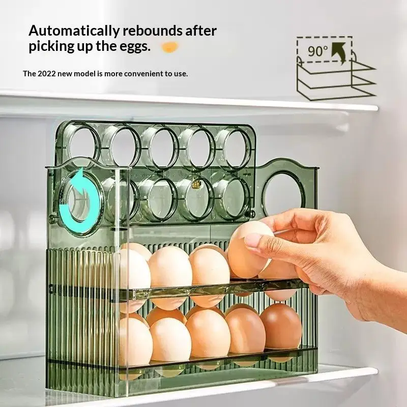 3 Layer Automatic Flip Egg Storage Box 30 Grid Egg Container Tray for Fridge Kitchen Countertop Organization Use