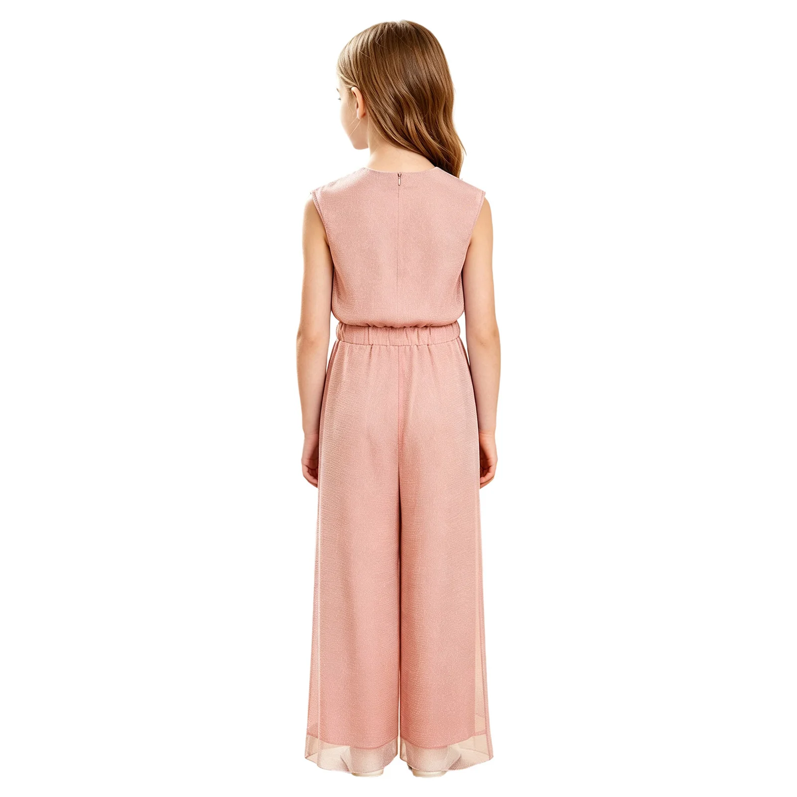 Kids Girls Glitter Flowy Wide Leg Jumpsuit Sleeveless Shimmery Mesh Back Invisible Zipper Elastic Waist Double-layer Romper