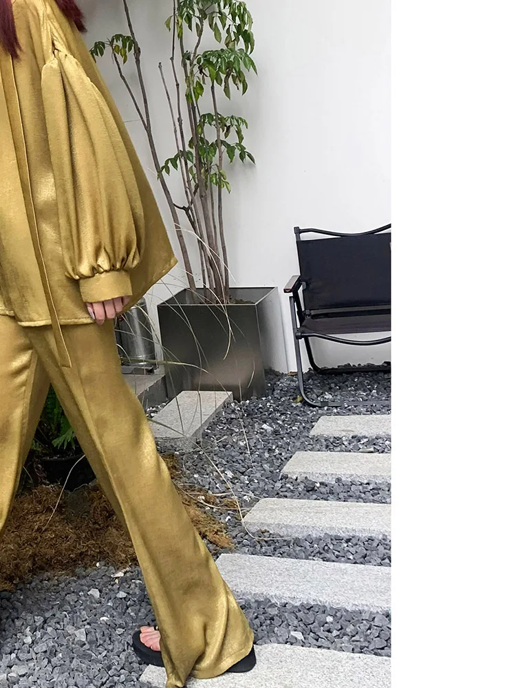 

LAMBO Special Gold Tead Metal Luster Lantern Sve Tie irt Wide Leg Pants Set Glowing Polyester Faion Summer Outfit