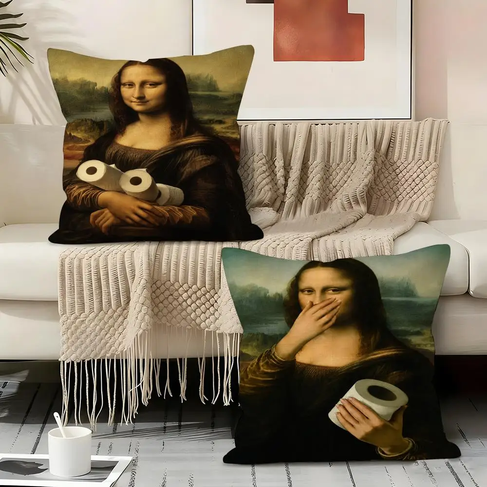 Mona Lisa Toilet Art Cushion Cover Natural Linen Organic Fabric Double-Sided Printing Sofa Home Decor Gift Pillow Cover