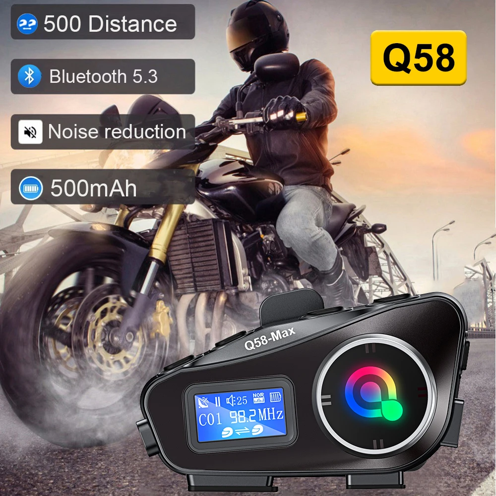 Q58-MAX Motorcycle Helmet Intercom Headset Bluetooth 500M Waterproof Moto Interphone with LED Light Flashlight Music Sharing