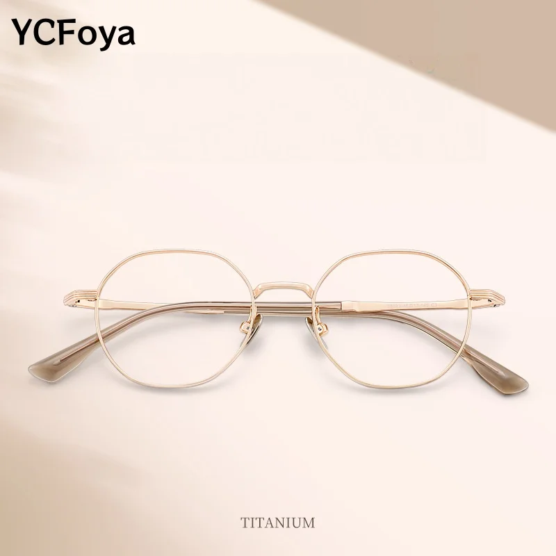 

YCFoya Retro Polyhedral Pure Titanium Women's Glasses Fashion Slim Face Wide Edge Design Optical Prescription Frame Men 28023