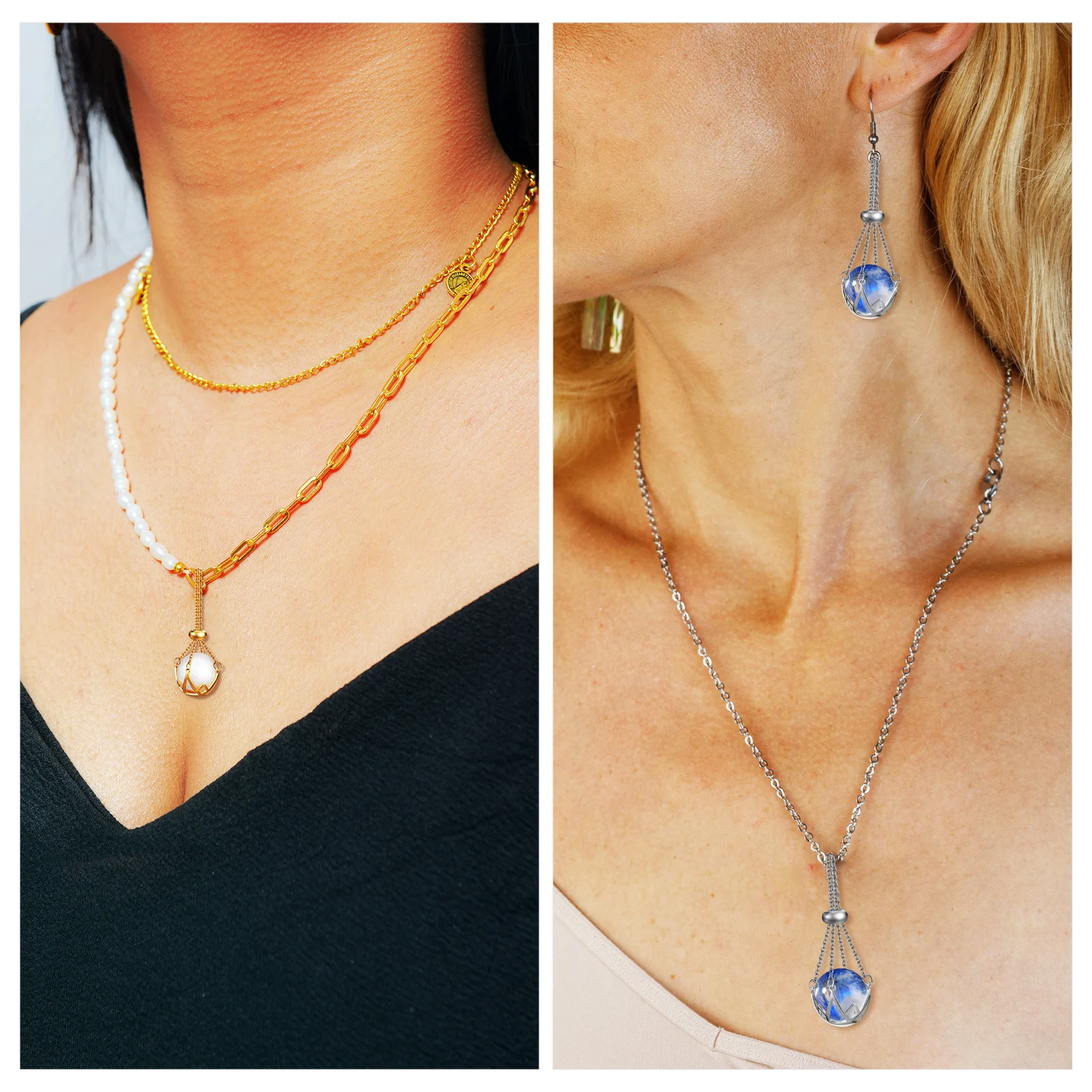 

2 pcs Crystal Stone Holder Necklace For Women Elegant Hollow Design Diy Jewelry Pendant Accessory Crystal Cage Necklaces