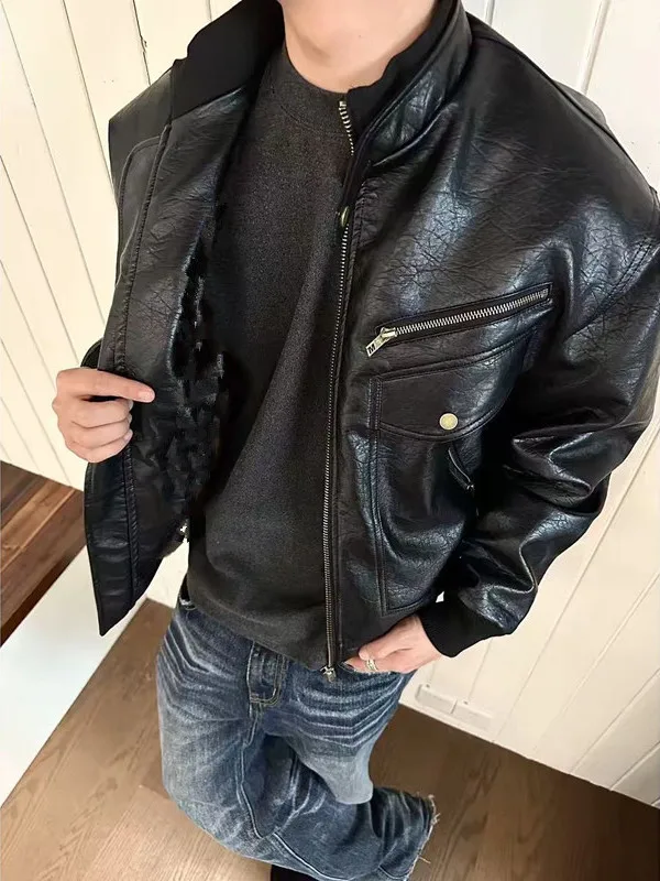 

American Sle Pu Leather Jaet Men's Faion Baseball Coat with Multiple kets Casual Youth Active Sle