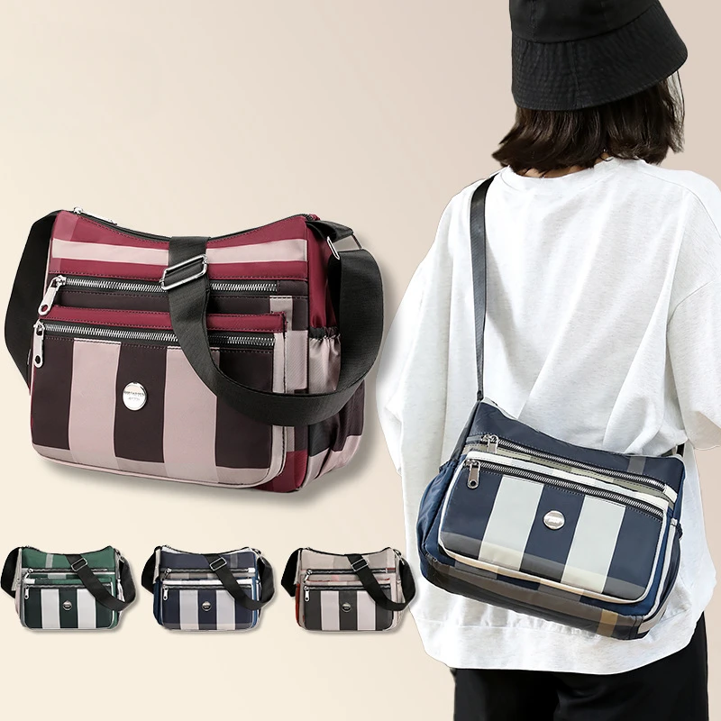 New Women\'s Crossbody Bag Nylon Fashion Stripe Shoulder Bag Large Capacity Multi Layered Simple Mom Bag