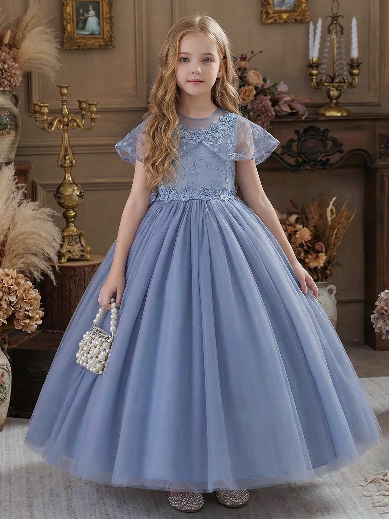 Tween Girl Grey Blue Wedding Flower Girl Dress with Removable Butterfly Knot Decorative Belt, Small Shawl with Floral Embroidery
