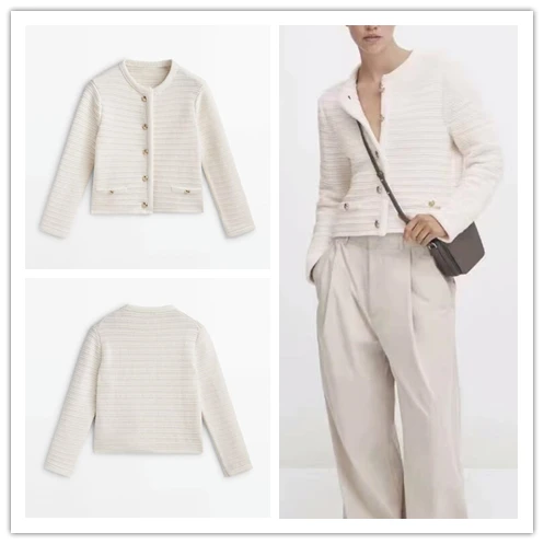 خريف 2024 سترة نسائية جديدة ذات نسيج ذهبي محبوك ort Jaet سترة نسائية مفتوحة من الأمام لون نقي تصميم منخفض مستدير Ne