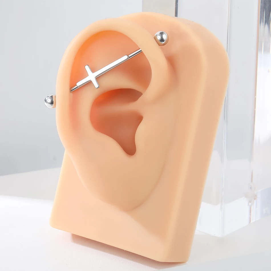 1PC Steel Cross Industrial Piercings Orelha Cartilagem Industrial Barbell Earrings Piercing Bar Scaffold Ear Cartilage Helix 14G