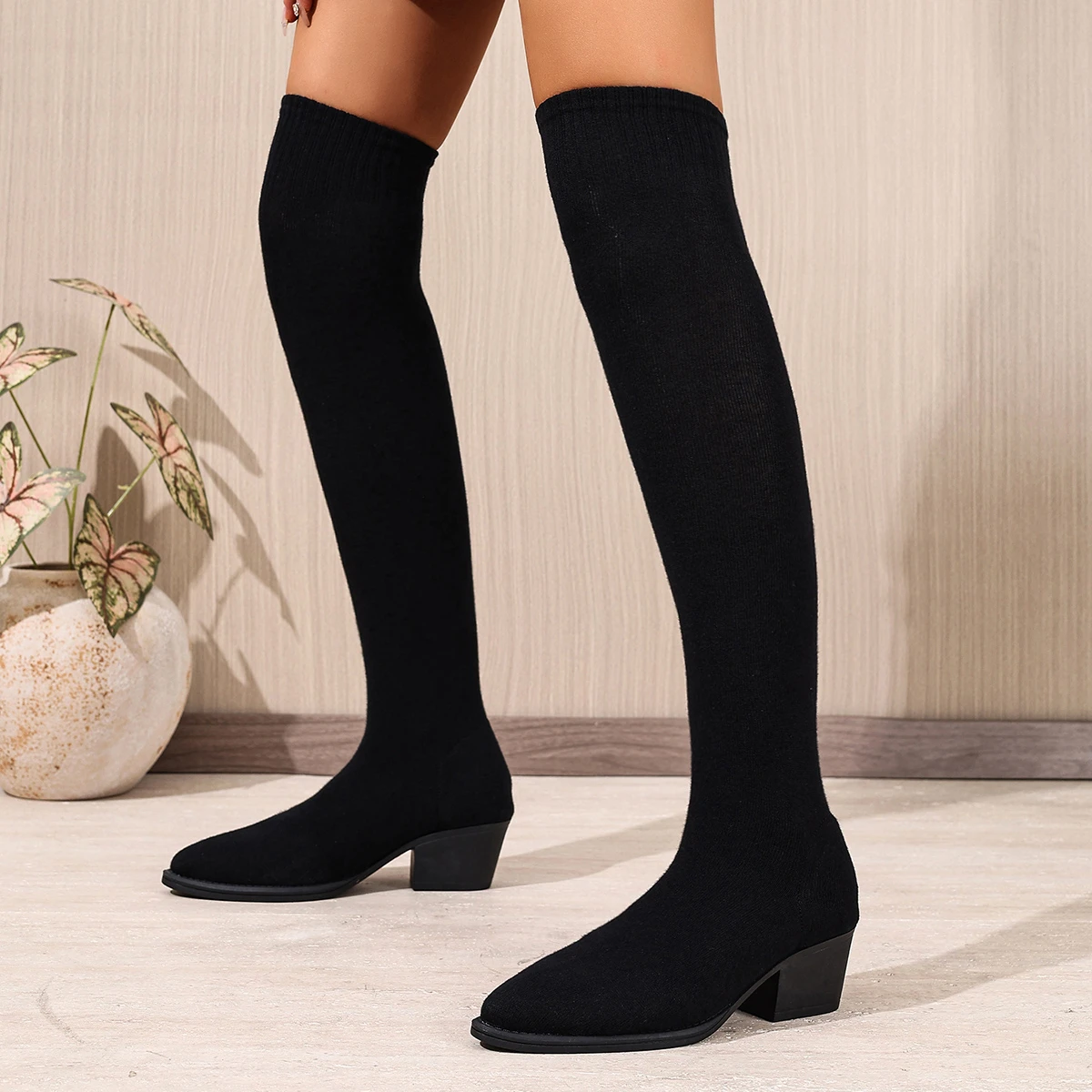 

Women's High-heeled Long Boots Knitted Fabric Stretch Sock Boots Fashion Pointed Toe Block Heel Over-the-Knee Boots Female Shoes